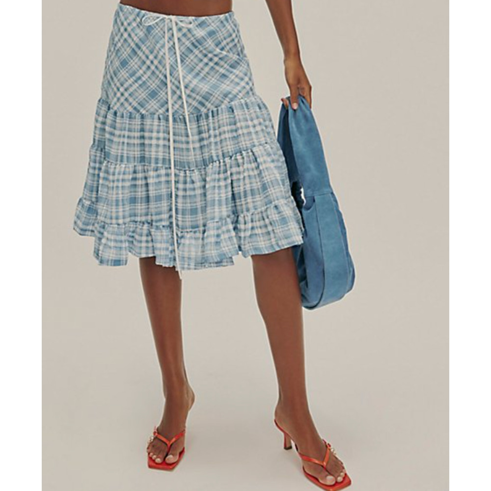 NEW FREE PEOPLE BLUE TRAYMORE PLAID MIDI SKIRT HALTER TOP SET SZ S - Picture 4 of 6